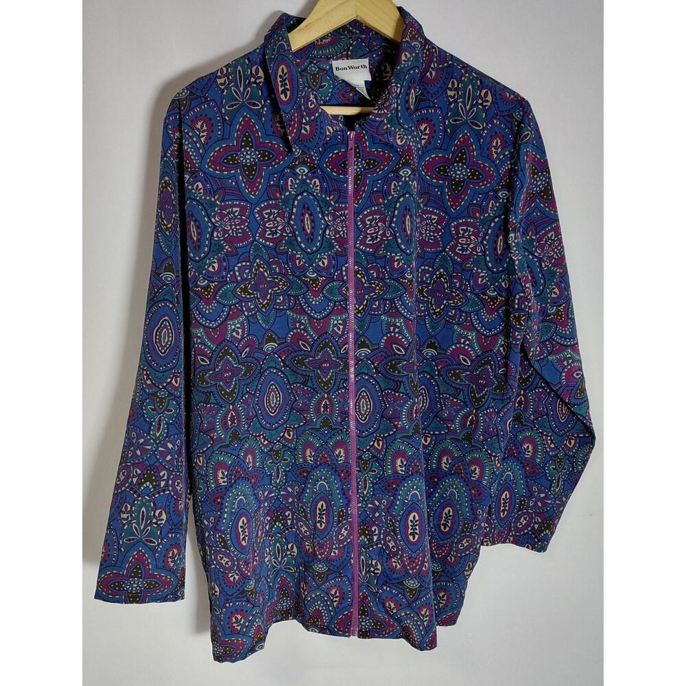 BonWorth Style 34122 Paisley Print Full Zip Jacket Blue Women Size L